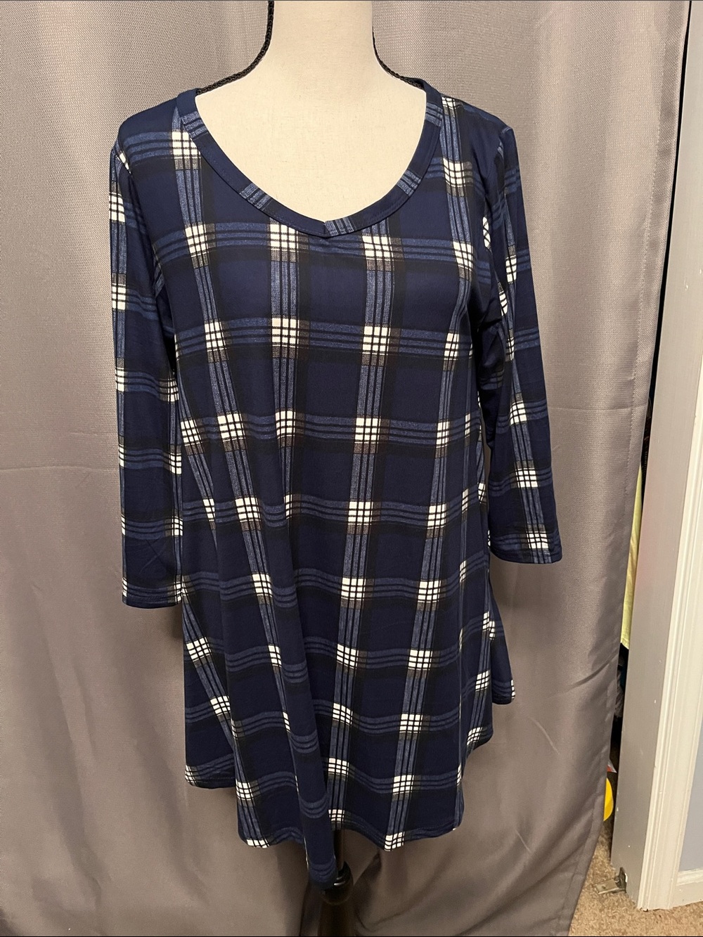 Navy Plaid Women’s Tunic Top - Classic V-Neck